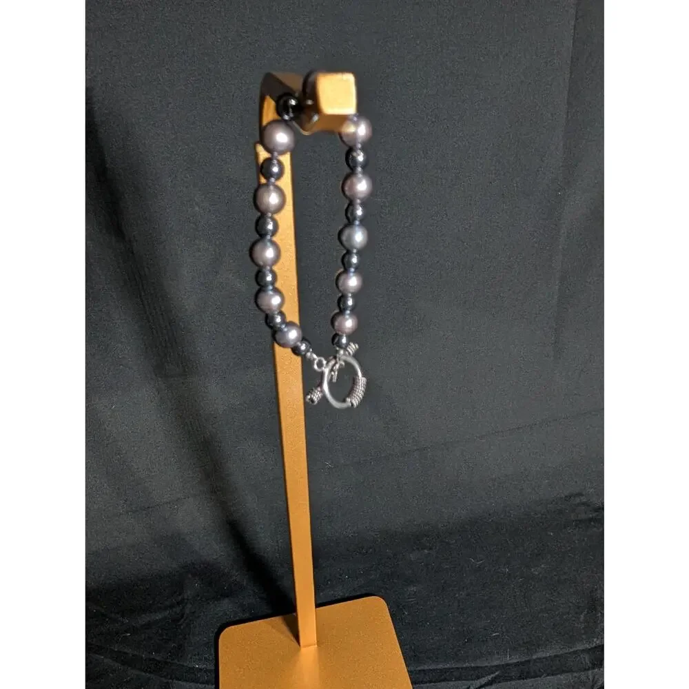 Gray Pearl Hematite Beaded Toggle Bracelet Y2K Dark Academia Gothic Chic
